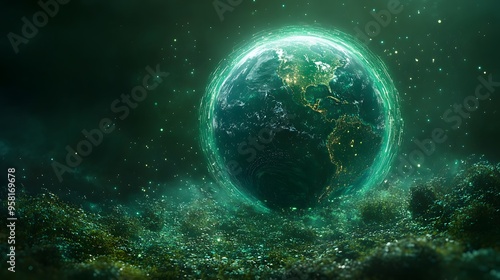 futuristic 3D scene of the Earth encircled by translucent green rings and digital particles, depicting advanced environmental technology and conservation efforts. The background is a deep green.