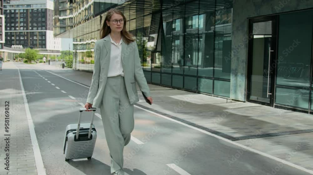Young woman on business trip walking down street with suitcase on wheels and passing by young man while heading to her hotel Young woman on business trip walking down street with suitcase on wheels and passing by young man while heading to her hotel