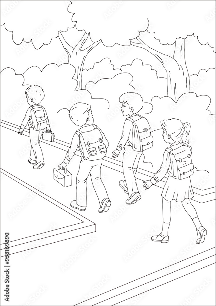 Little students going to school. Coloring activity. Little students going to school. Coloring activity.