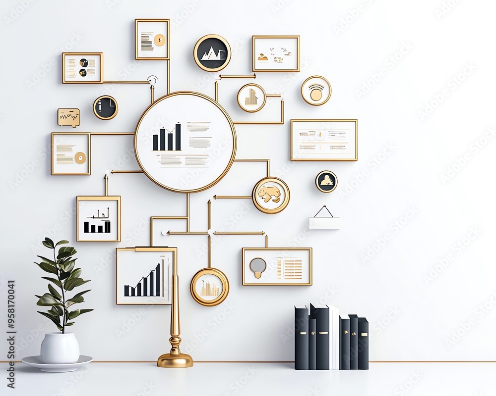 Modern office wall design featuring framed charts, graphs, and a plant, perfect for business and creativity inspiration. Modern office wall design featuring framed charts, graphs, and a plant, perfect for business and creativity inspiration.