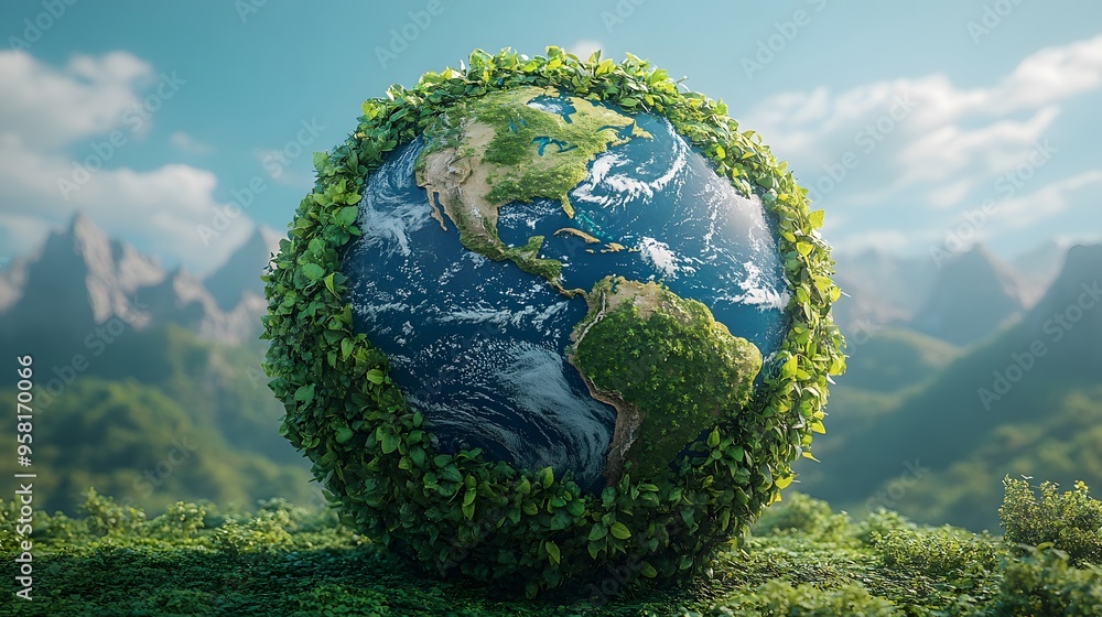 Globe wrapped in green vines and leaves, with a clean blue sky as the backdrop, symbolizing global efforts in recycling and environmental conservation under perfect weather Globe wrapped in green vines and leaves, with a clean blue sky as the backdrop, symbolizing global efforts in recycling and environmental conservation under perfect weather