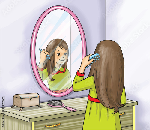 Little cute girl is combing her hair with a comb.