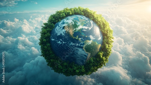 Earth with a protective green ring around it, made of leaves and small plants, against a light blue sky with a gentle gradient of clouds, representing the idea of protecting and saving photo