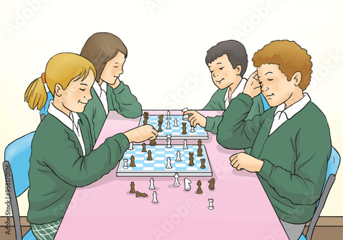 Student children playing chess.