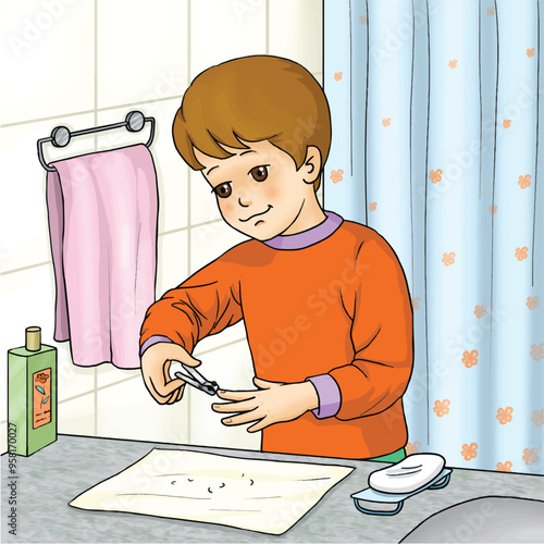 boy cuts his growing nails with nail clippers in the bathroom. she takes care of her nails after cutting them with nail clippers.