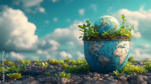 recycling bin filled with green plants and a mini globe, placed against a bright blue sky background with soft, rolling clouds, symbolizing the importance of recycling. photo