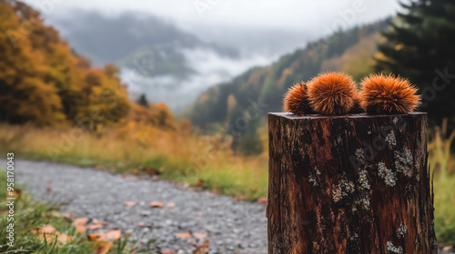 chestnuts with achenes resting on a tree trunk on a mountain landscape background in autumn photo