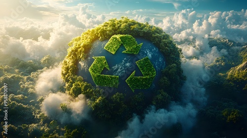 Earth with green recycling arrows circling around it, surrounded by bright blue skies and fluffy white clouds, suggesting the balance of technology and nature photo