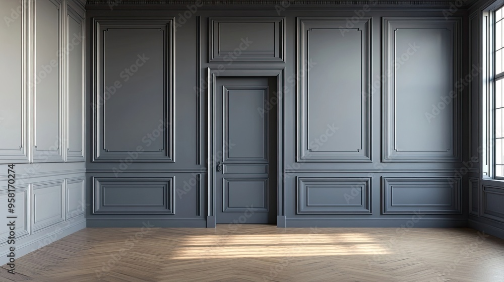 Classical room interior with wooden floors and gray walls, creating a timeless and elegant design. 3D rendering. Classical room interior with wooden floors and gray walls, creating a timeless and elegant design. 3D rendering.