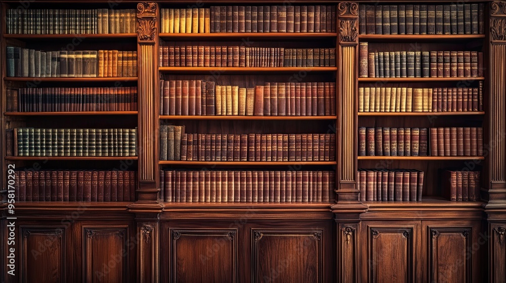 Classic Wooden Library with Books: Traditional library with a vintage wooden cabinet filled with numerous books, representing education and study. Classic Wooden Library with Books: Traditional library with a vintage wooden cabinet filled with numerous books, representing education and study.