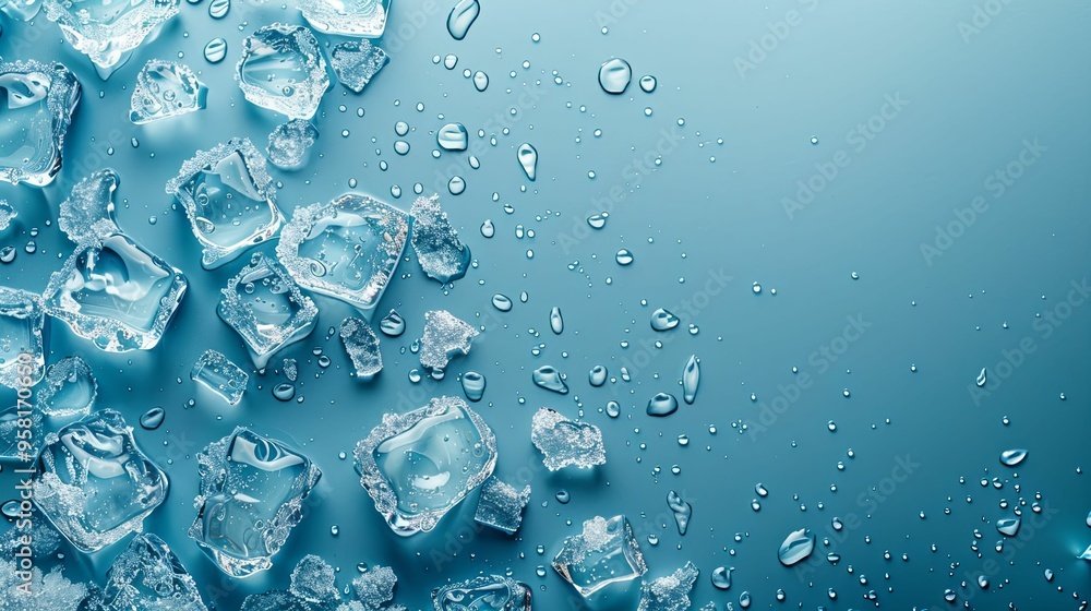 Close-up of Ice Cubes Melting on a Blue Surface with Water Droplets Close-up of Ice Cubes Melting on a Blue Surface with Water Droplets