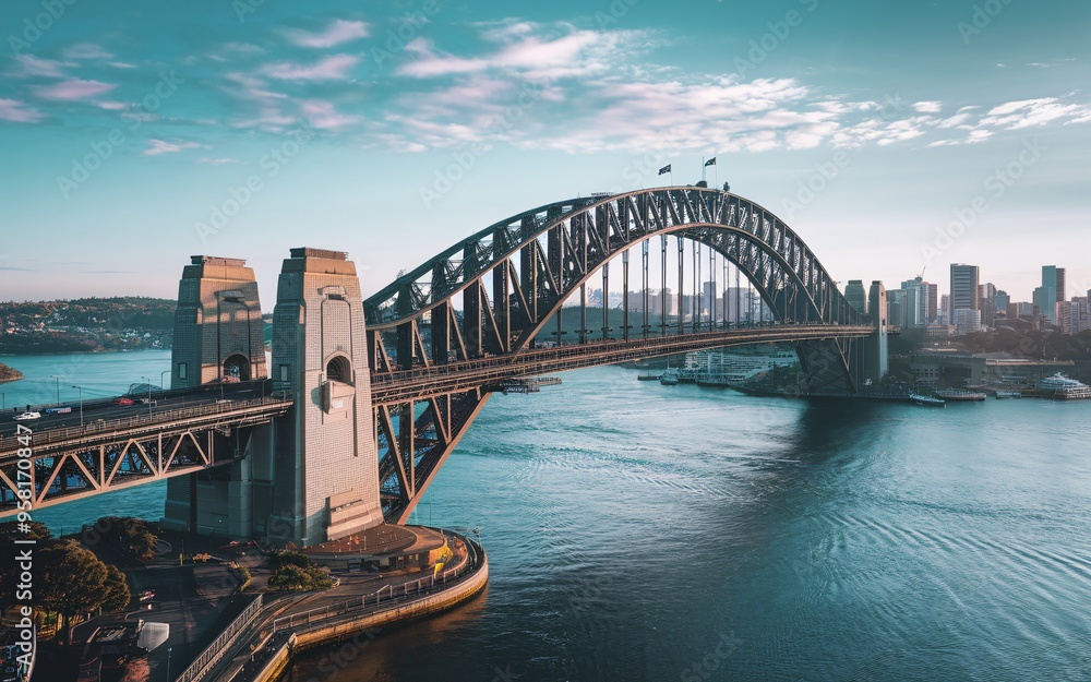 Fototapeta premium Aerial View of Sydney Harbour Bridge: Dynamic Cityscape Background