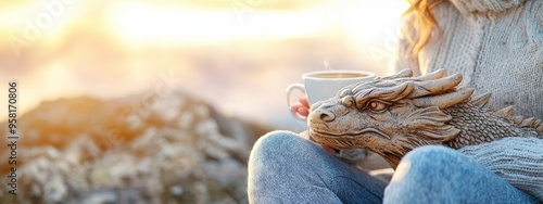  A person closely holds a coffee cup with a dragon head adorning its side photo