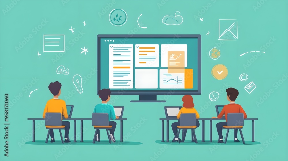 A flat design of a virtual classroom interface with intuitive lesson access and interaction tools A flat design of a virtual classroom interface with intuitive lesson access and interaction tools