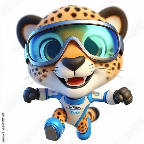 cute Energetic cheetah with racing goggles , mascot, 3d 
Generative aI