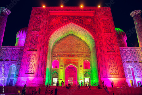 Light show on the facades of the madrasahs of Registan Square. photo