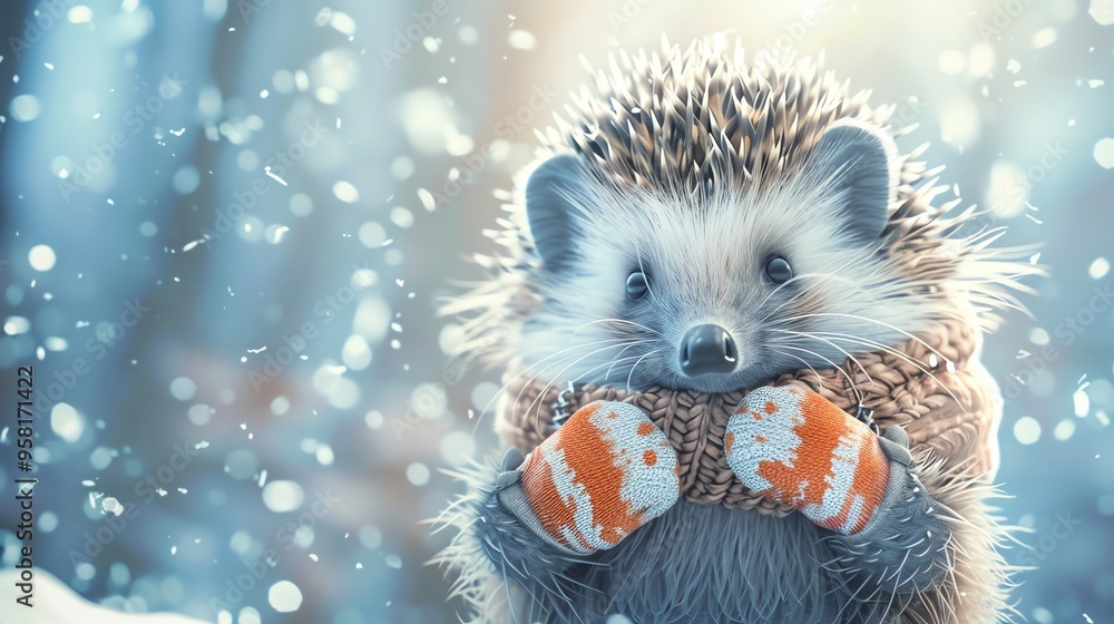 A cute hedgehog wearing a scarf and mittens, standing in the snow with a blurry background of falling snow and lights. A cute hedgehog wearing a scarf and mittens, standing in the snow with a blurry background of falling snow and lights.