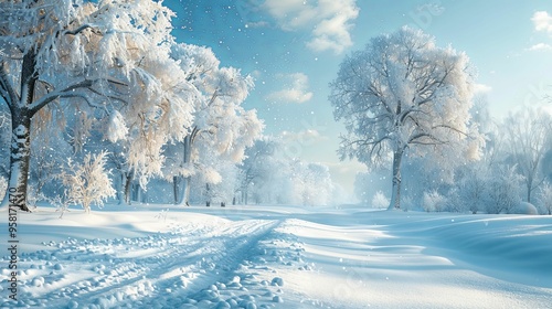 Snow-covered Trees and a Path Through a Winter Wonderland