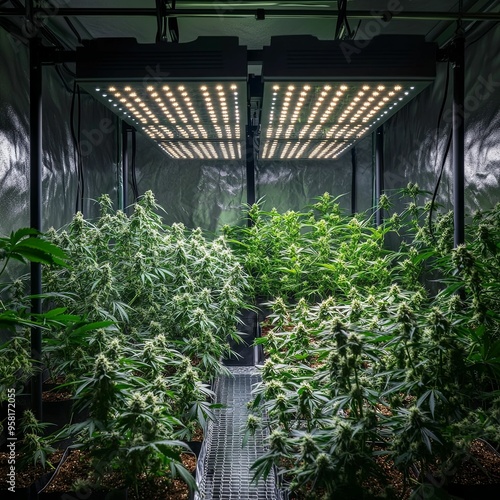 Indoor Cannabis Grow Room with LED Lights and Plants