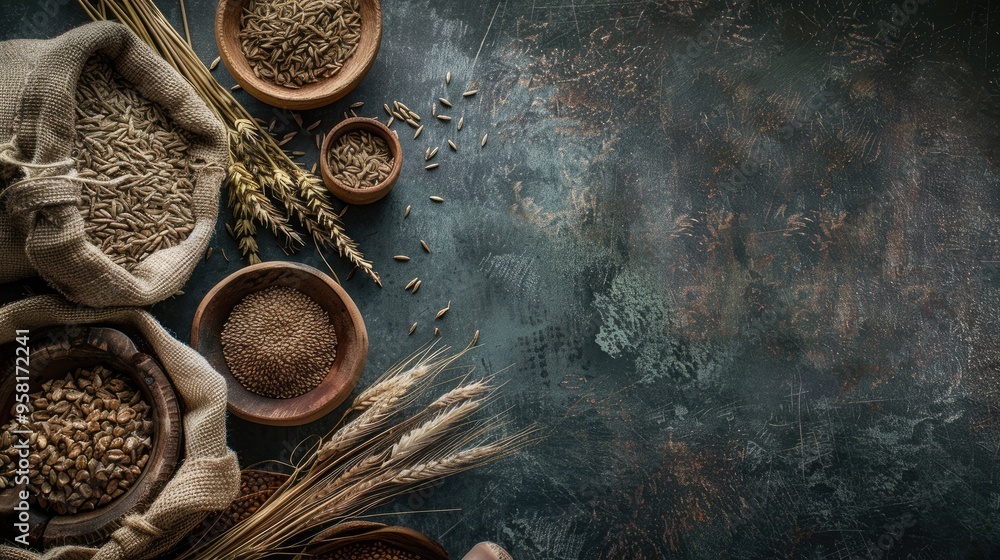 Overhead photo of an assortment of grains, including rye and wheat in wooden bowls on the right side with burlap bags filled with grasses and sheaves of wood Overhead photo of an assortment of grains, including rye and wheat in wooden bowls on the right side with burlap bags filled with grasses and sheaves of wood