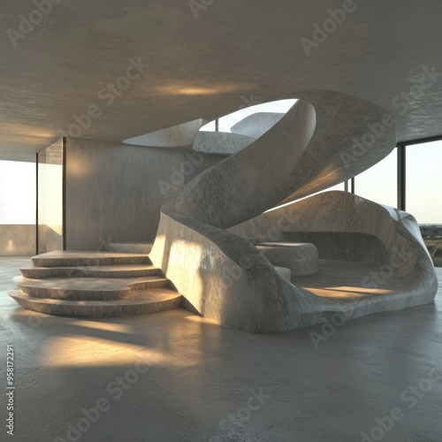 Concrete Staircase and Curved Wall in Modern Architecture photo