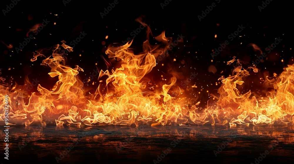 Fiery Flames Reflecting on a Dark Surface Fiery Flames Reflecting on a Dark Surface