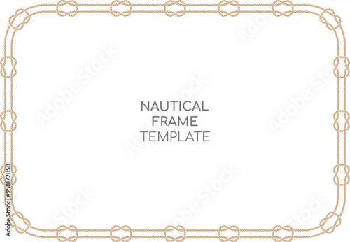 Vector rectangle frame made of a thick, knotted rope. The rope is a light brown color and the background is white. 