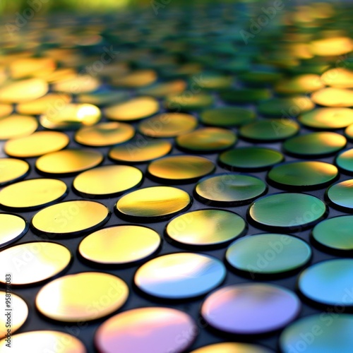 Reflective marbles create a colorful mosaic in sunlight at a vibrant outdoor location