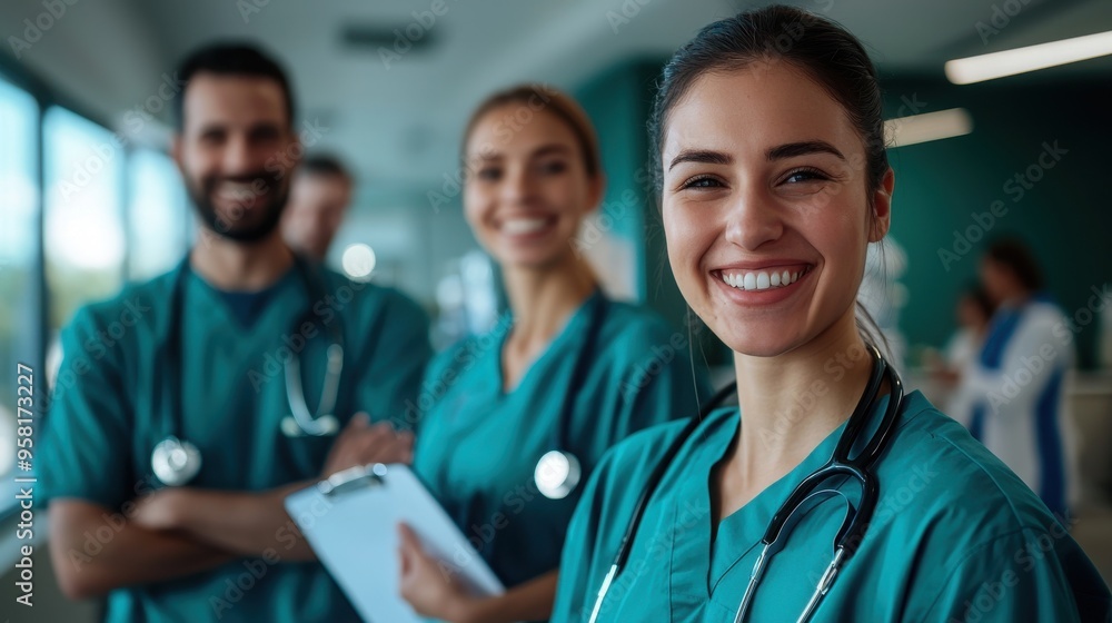 smiling doctor with colleagues in a hospital setting, representing teamwork and healthcare services smiling doctor with colleagues in a hospital setting, representing teamwork and healthcare services