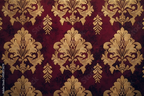 A luxurious damask pattern featuring ornate gold designs on a rich burgundy background, perfect for high-end interior decor