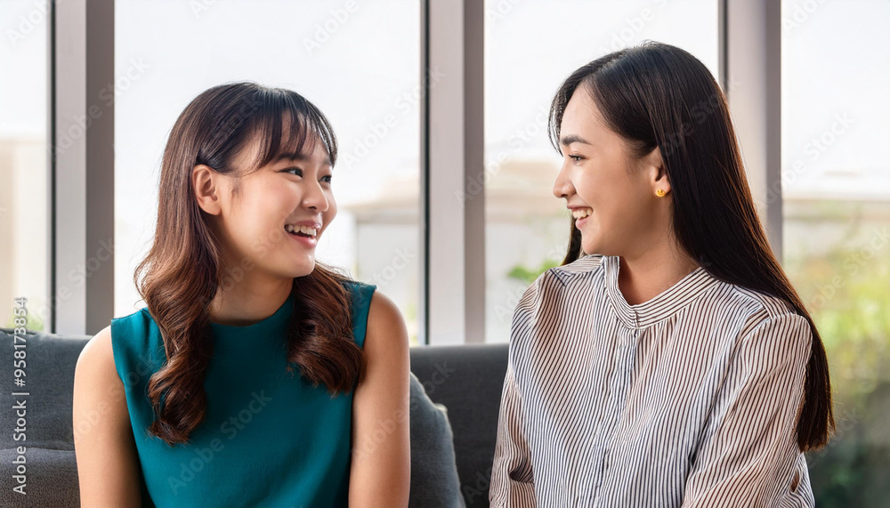 笑顔で会話する若い女性2人 笑顔で会話する若い女性2人