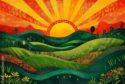 Illustration of the rising sun over green hills, decorated with traditional Ethiopian patterns. Concept Ethiopian New Year
