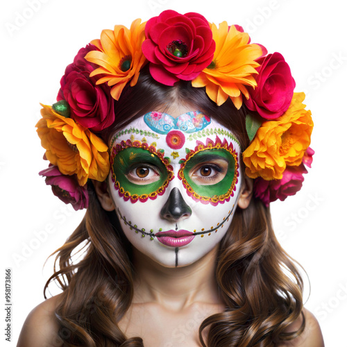 Maxican girl portrait wearing carnival mask of the day of the dead,  isolated on white  background
 photo