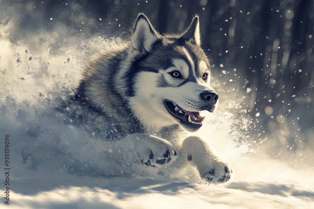 A lively husky dog joyfully leaps through deep snow, kicking up powder with its paws, showcasing its energetic spirit against a wintry background A lively husky dog joyfully leaps through deep snow, kicking up powder with its paws, showcasing its energetic spirit against a wintry background