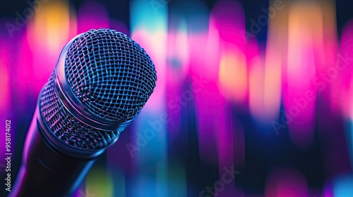 Close-up of a microphone diaphragm rippling with colorful sound waves, illustrating audio dynamics and vibrancy.