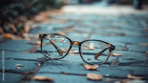 Close-up of a pair of broken glasses on a sidewalk, highlighting the theme of fragility and loss. photo