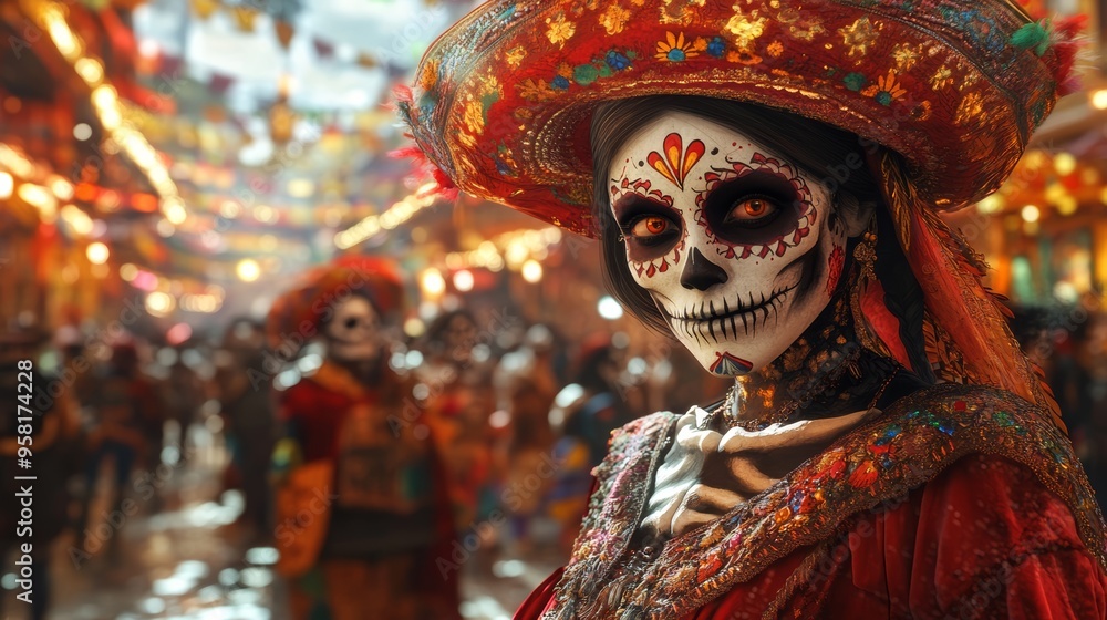 A beautifully adorned figure in traditional attire celebrates a vibrant festival, showcasing colorful decorations and festive ambiance in the background A beautifully adorned figure in traditional attire celebrates a vibrant festival, showcasing colorful decorations and festive ambiance in the background