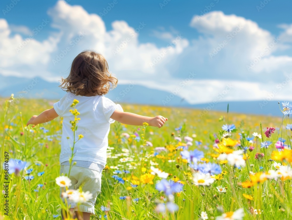 Fototapeta premium A child joyfully explores a vibrant wildflower meadow under a sunny blue sky