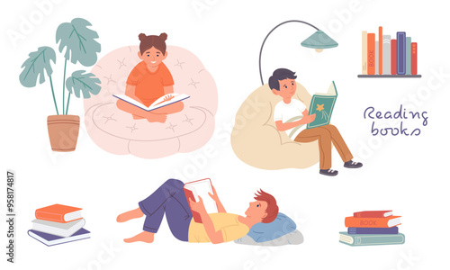 Children reading books in a cozy home interior.Vector flat illustration.Boys and a girl reading books sitting in a chair, on a sofa, lying down.Stacks of books and a bookshelf.