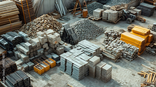 urban mining zero waste, sorted piles of construction materials windows wood bricks steel concrete, sustainable material recycling, reuse architecture, city sustainability, life cycle