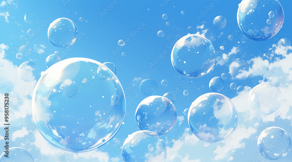 Vivid Flying Soap Bubbles Against Blue Sky Background with Copy Space, Backlit Image for Summer Concepts Vivid Flying Soap Bubbles Against Blue Sky Background with Copy Space, Backlit Image for Summer Concepts