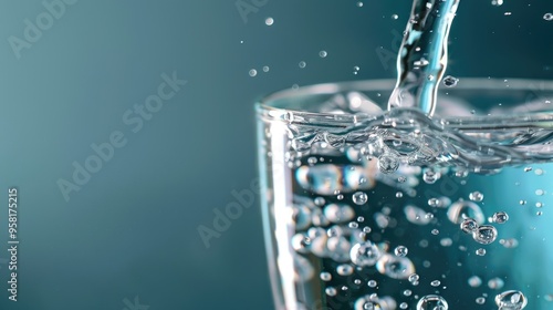 Water being poured into glass, close-up of water in transparent plastic cup on blue background with bubbles and splash. Water or sparkling drink for health care concept.