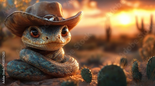 A charming, anthropomorphic lizard wearing a cowboy hat, sitting amidst a desert landscape during sunset, surrounded by cacti