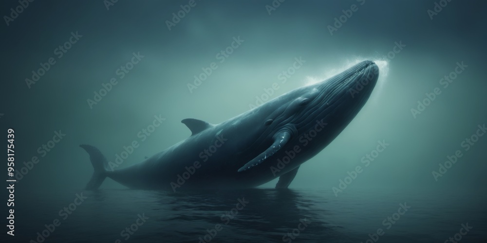 Fototapeta premium Majestic blue whale diving into the dark ocean with a curious fi