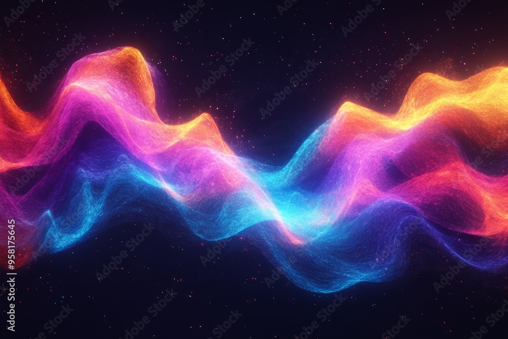 A vibrant, abstract wave forms in hues of pink, blue, and orange against a dark background, creating a dynamic, energetic visual effect reminiscent of sound waves A vibrant, abstract wave forms in hues of pink, blue, and orange against a dark background, creating a dynamic, energetic visual effect reminiscent of sound waves