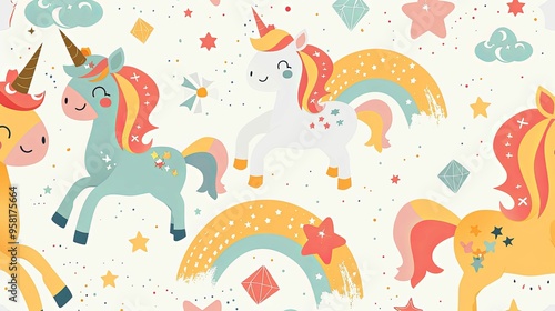 A Colorful Seamless Pattern Featuring Unicorns, Rainbows, and Stars