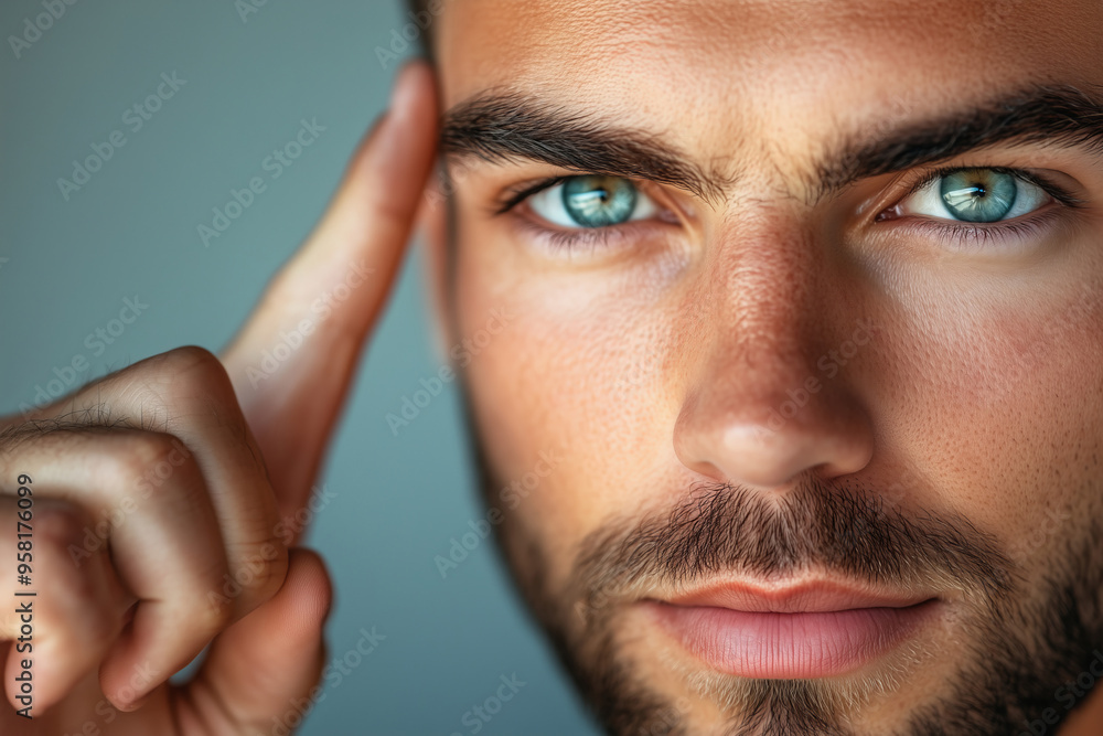 Obraz premium Close-up of determined young man with piercing blue eyes and a focused expression