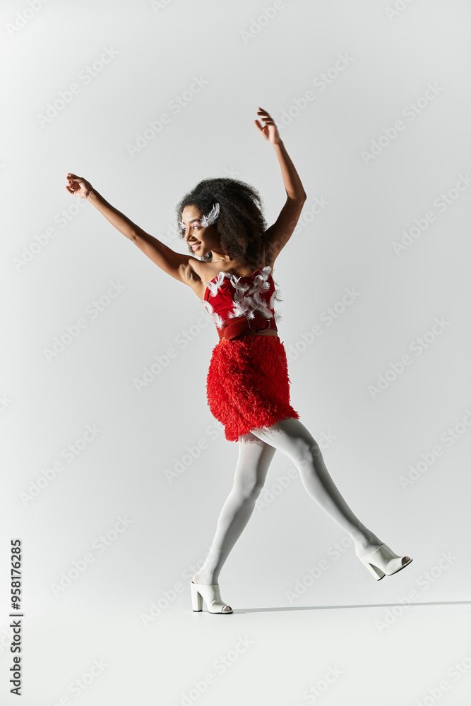 Fototapeta premium A young woman showcases her style in a bold red outfit, playfully posing against a soft grey backdrop.