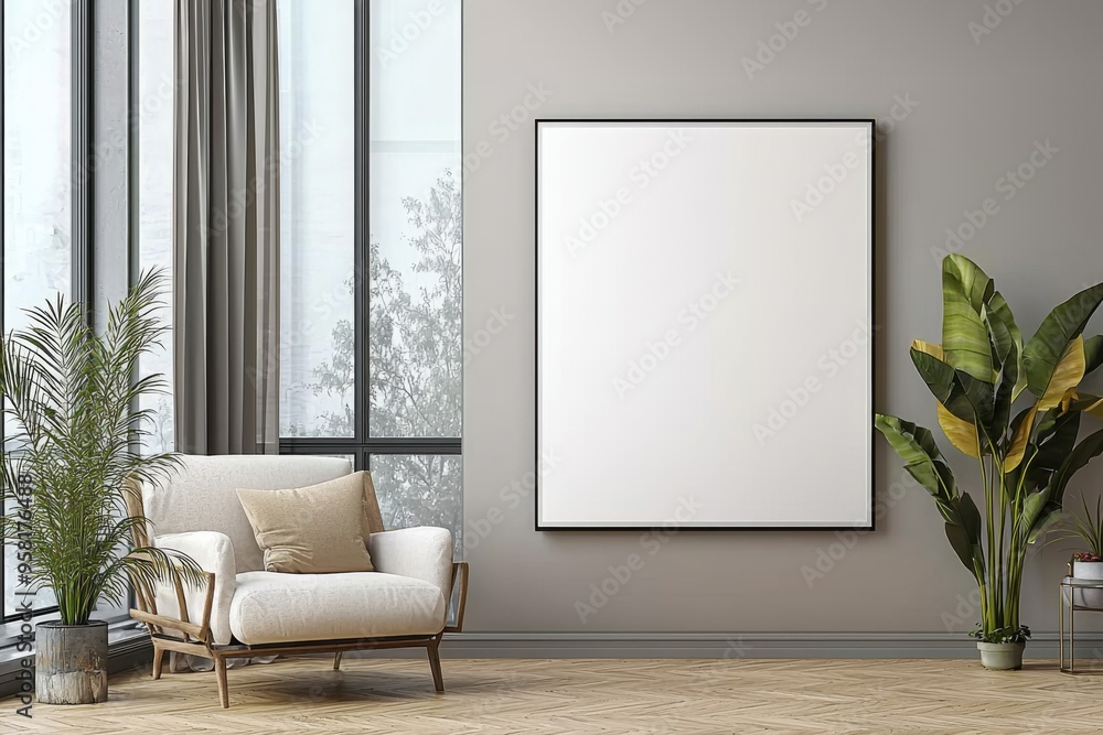 Poster Frame in Beige minimalist living room interior created with generative AI Poster Frame in Beige minimalist living room interior created with generative AI