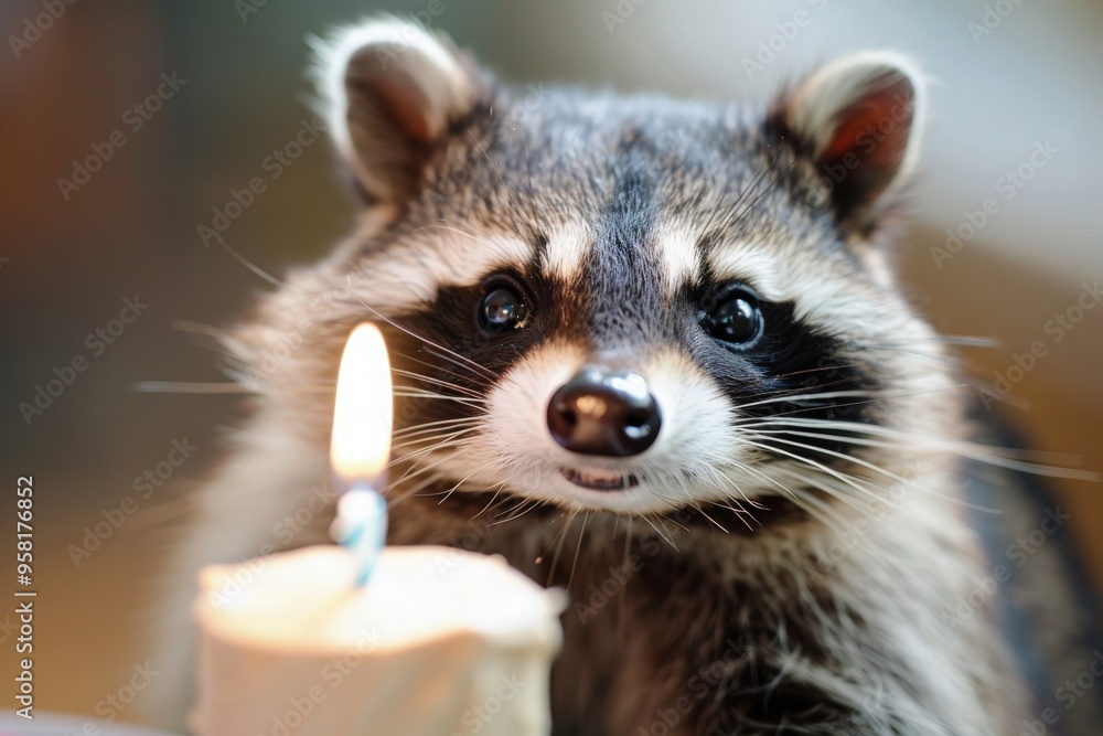 Obraz premium A charming raccoon sits before a flickering candle atop a cake, surrounded by a warm atmosphere. The celebration is filled with joy, making this birthday moment truly special for everyone involved.